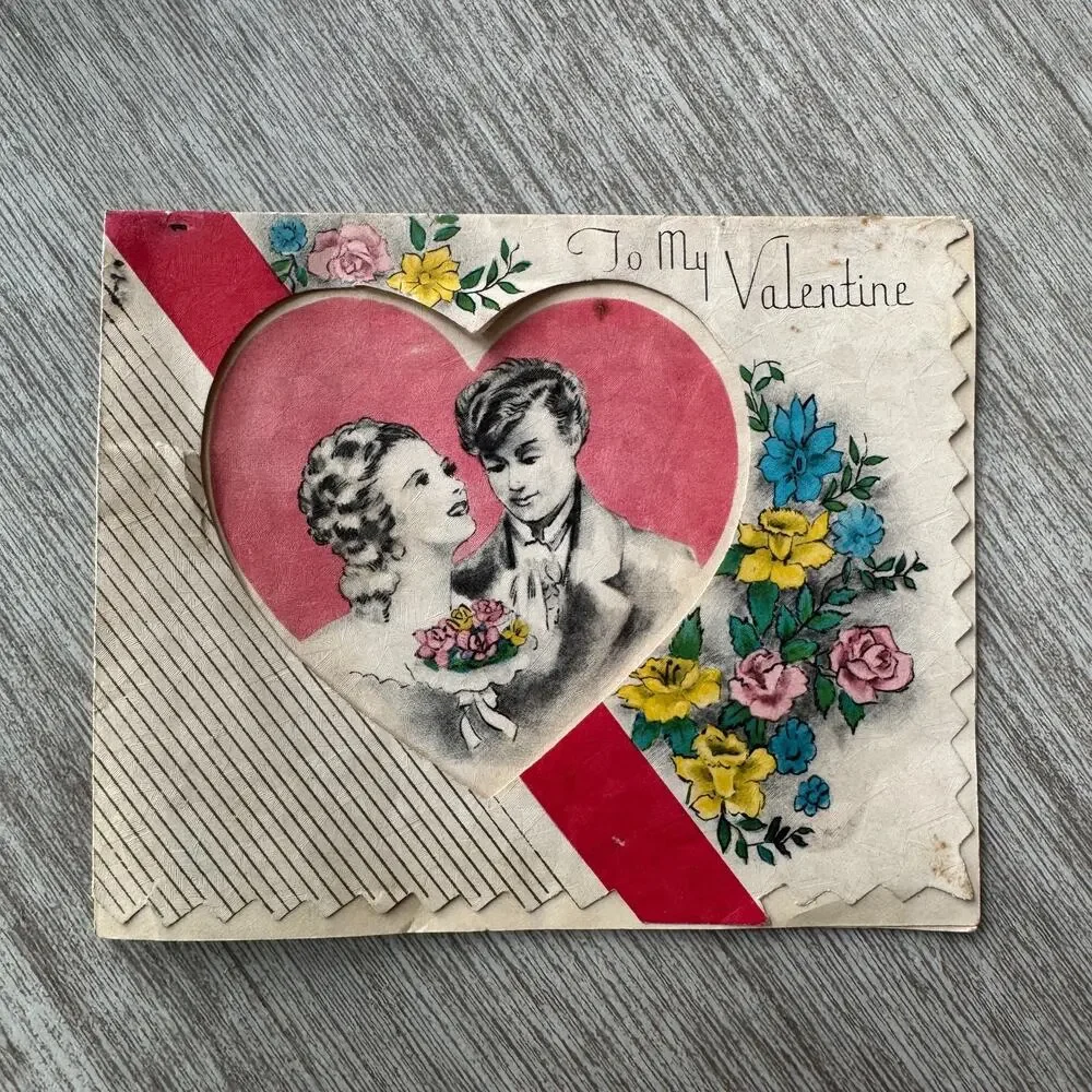 Antique Valentine’s Day Card – Cut Out Heart Window Romantic Couple Floral